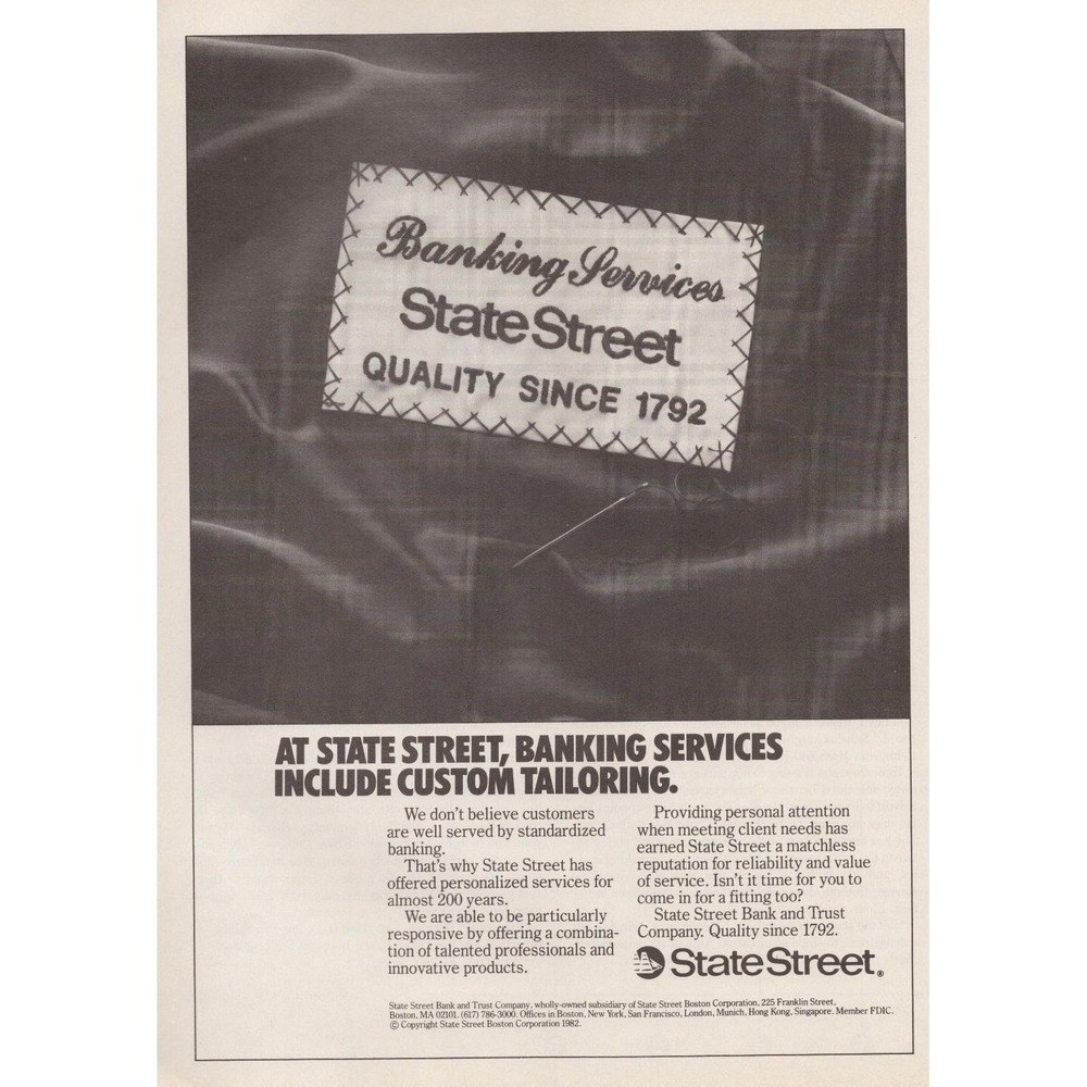 1982 State Street Banking Services Custom Tailoring Print Ad Finance Office Deco